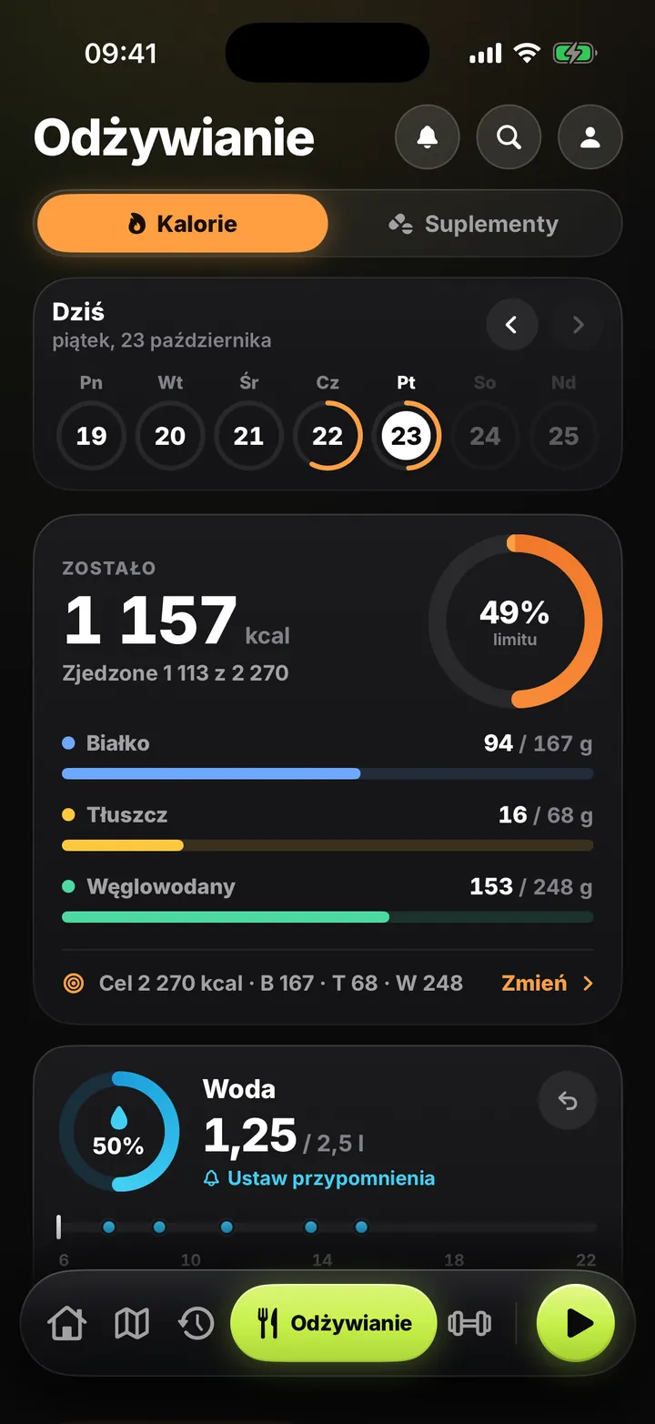 Odżywianie: zostało 1 157 kcal, białko, tłuszcze i węglowodany, woda 1,25 litra