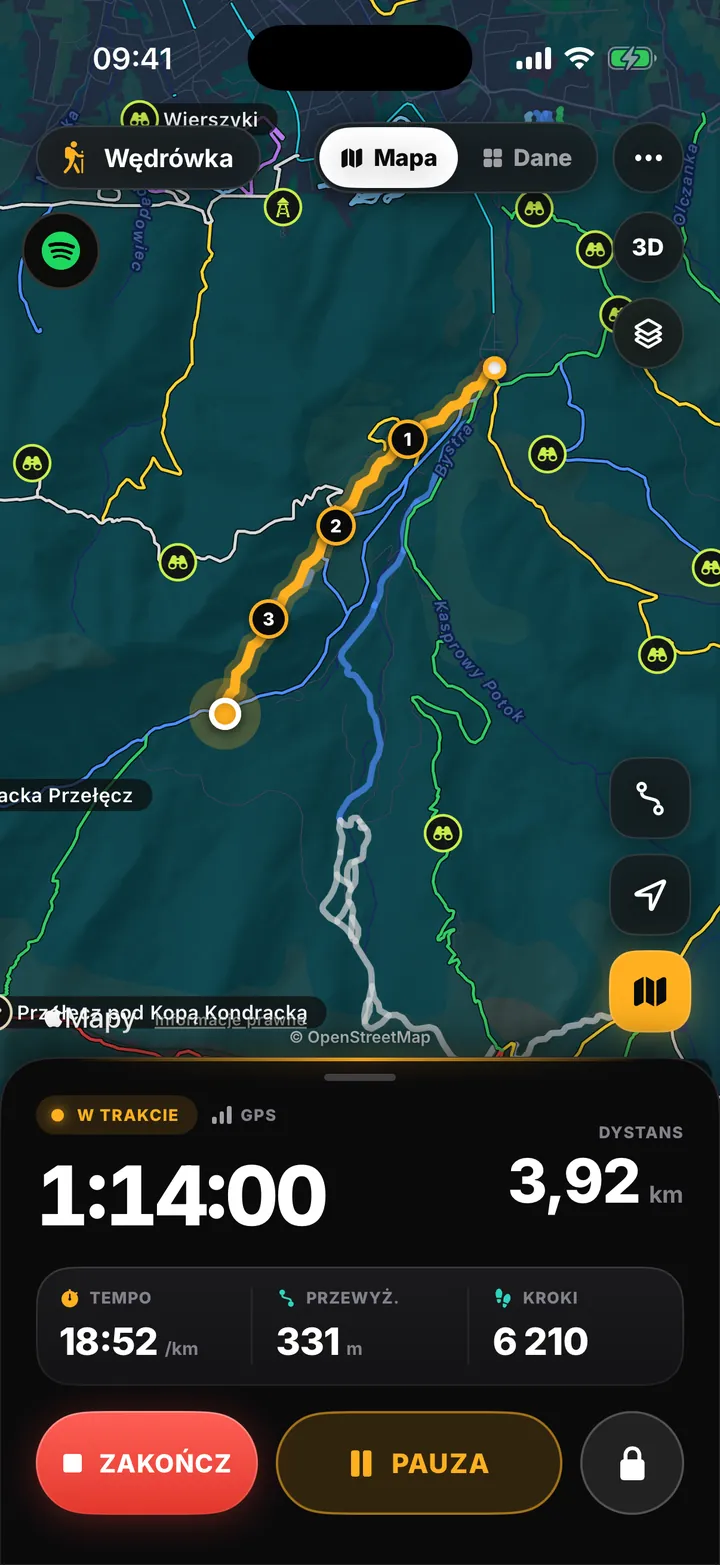 Wędrówka na żywo: 1:14:00, 3,92 km, szlaki na mapie w kolorach znakowania