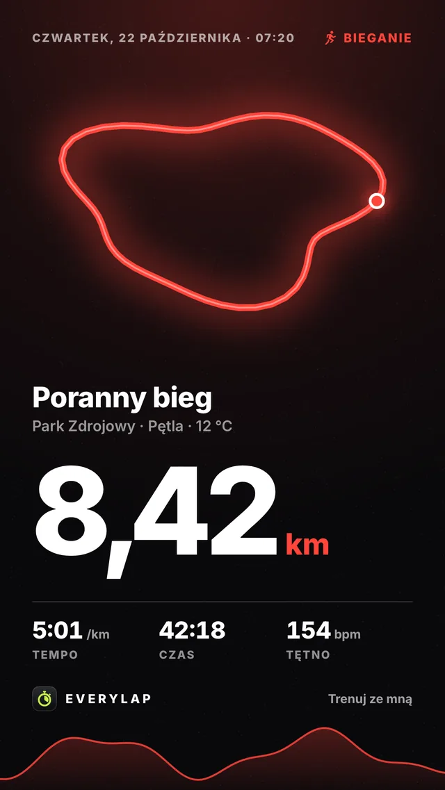 Plakat biegu: Poranny bieg, 8,42 km, trasa pętli na czerwono, tempo 5:01